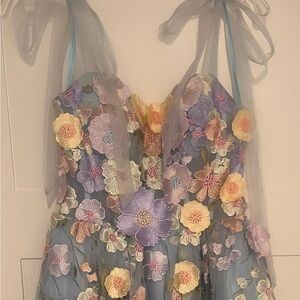 Blue organza, short dress with 3-D flowers
